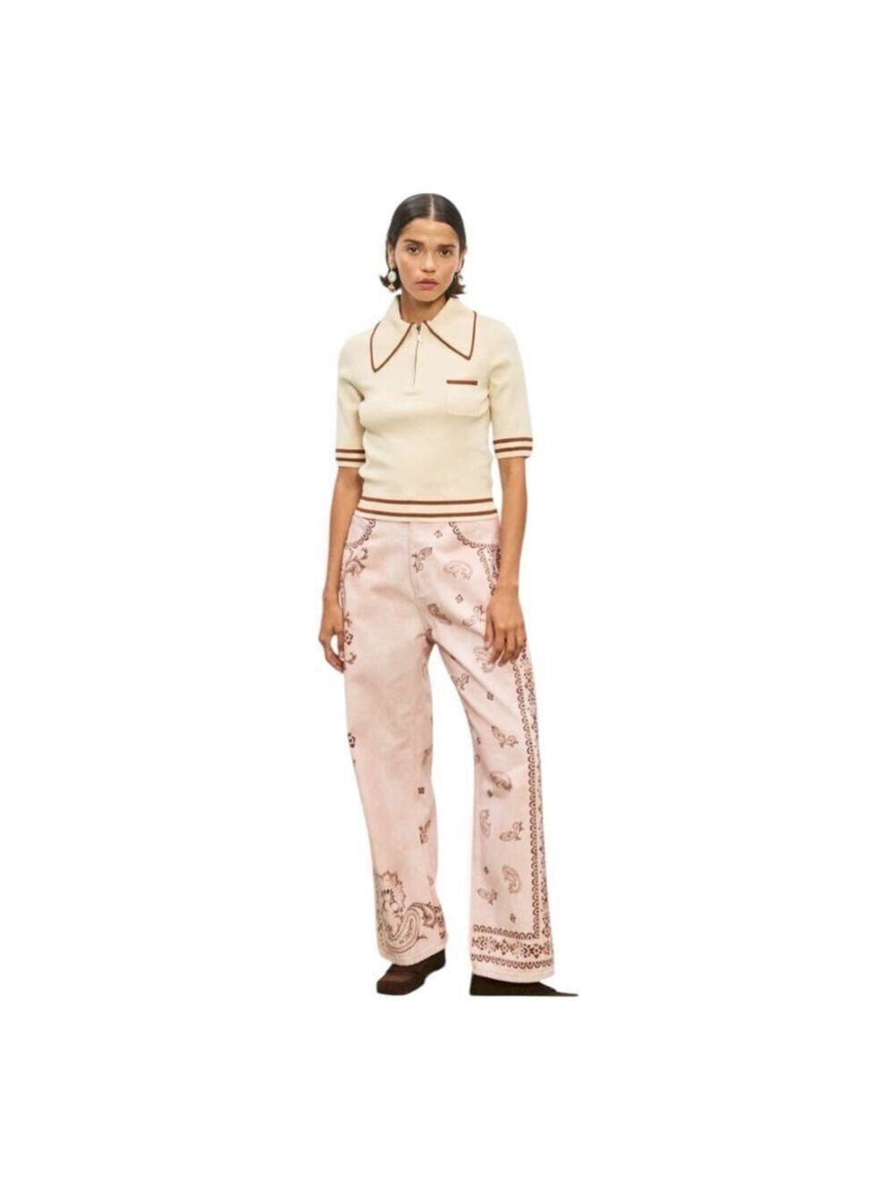 ALÉMAIS Beige & Brown Sora Short Sleeve Knit Polo Tee Size 4